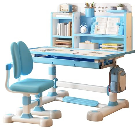 Set de escritorio y silla para niños, ajustable en altura a 50 grados, con escritorio de trabajo de 80 cm, divisorio científico, cajón, estantería, ideal para azul