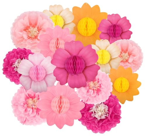 LEIMEND 15 Stück Set aus Waben-Papierblumen und Papierblumenkugeln | Hängende Papierblumendekoration geeignet für Feiertage Karneval Geburtstage Gartenpartys und Tischdekoration