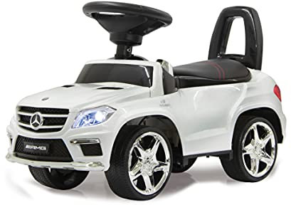 JAMARA 460241 - Rutscher Mercedes GL63AMG - Kippschutz, Kunstledersitz mit roten Ziernähten, Kofferraum unter der Sitzfläche, Rückenlehne, Scheinwerfer vorne/hinten, Motorsound, Hupe, Musik, weiß