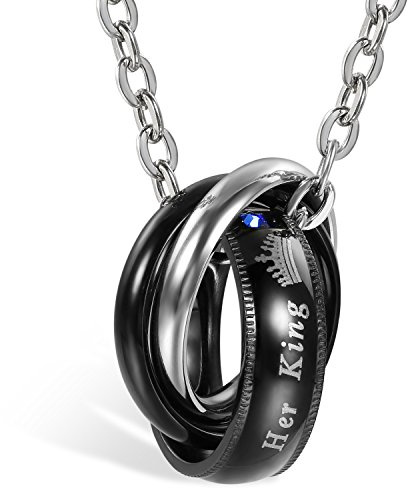 JewelryWe Schmuck Freundschaftsketten mit kostenloser Gravur, Edelstahl Partner-Anhänger Halskette mit His Queen Her King Krone Ringe, Paar Anhänger Kette für Damen Herren, Schwarz Rosegold Silber