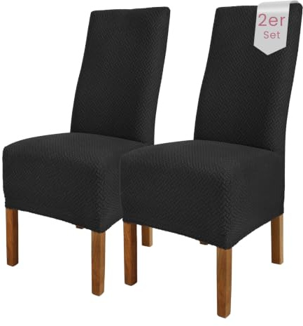 Scheffler Home Stuhlhussen Schwarz 2er Set Elastisch Luna-lang | Feine Microfaser-Stretch Stuhlbezüge, waschbar und pflegeleicht, für Hochlehner und Polsterstühle