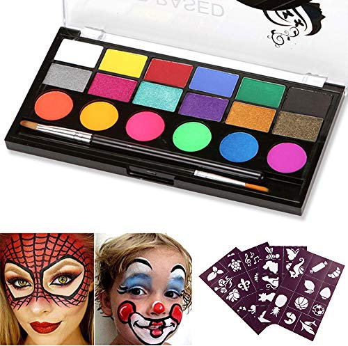 Vegena Kinderschminke Set, ist Zart und Sanft 18 Schminkfarben 2 Profipinsel 40 Schablonen Wasserbasiert Ungiftig Sichere Gesichtsfarbe Ideal für Kinder Partys Fasching Halloween Schminke