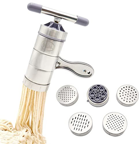 Presse à Pâtes Manuelle avec 5 Moules Appareil à PâTes Fraîches Machine à Spaghettis Tagliatelles Presse à Nouilles en Acier Inoxydable Machine à Nouilles en Acier Inoxydable Presse à Pâtes Manuelle