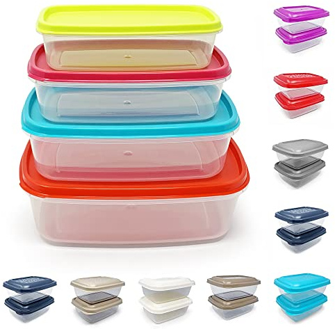 plastific - Boîte de rangement alimentaire empilable pour préparation alimentaire avec couvercle, hermétique sans BPA, passe au micro-ondes, Lot de 4 (couleurs assorties)