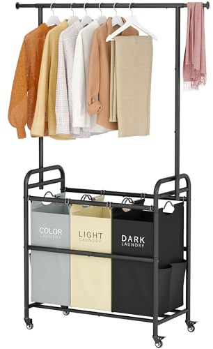 Tajsoon Laundry Sorter Cart with Hanging Clothes Rack, 3 Butler Sorter Basket Organizer, Laundry Hamper Cart with Heavy Duty Rolling Lockable Wheels, 3 Colors