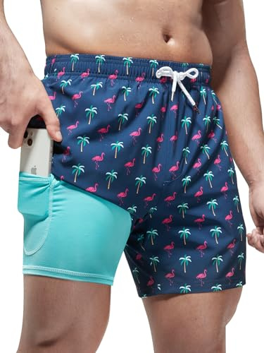 Arcweg Men's Swimming Shorts with Compression Liner Mens Swimming Trunks 2 in 1 Swim Shorts with Lining Quick Dry Surfing Stretchy Beach Shorts with Zipper Pockets Coconut Flamingo L(UK)