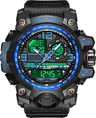 Reloj de pulsera militar grande para hombre, digital y analógico, 5 cajeros automáticos, impermeable, táctico para exteriores con despertador, fecha 12/24 horas, cronómetro LED, correa de silicona