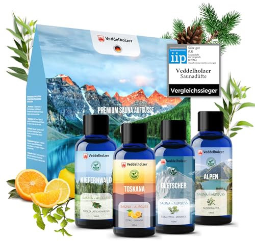 Veddelholzer Infusion bio pour sauna à base d'huiles essentielles 100 % naturelles - 4 x 100 ml - Différentes huiles de sauna - Accessoire de sauna - Coffret cadeau tout en un seul ensemble