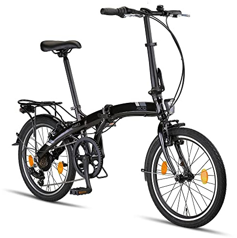 PACTO Three Klapprad 20 Zoll mit Schnelles Faltsystem (10 Sek), Aluminiumrahmen, Leichtgewicht (14KG), 6 Gänge, V-Bremsen und LED-Licht (Schwarz)