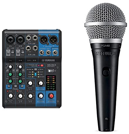 Yamaha MG06X - Console de mixage compacte avec 6 canaux d'entrée, effets et préamplis micro D-PRE & Shure PGA48 Microphone Dynamique - Microphone à Main pour Voix avec Configuration de Prise