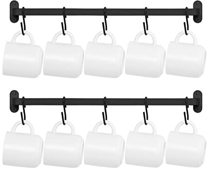 Dahey Becherhalter, Wandhalterung, Metall-Kaffeebecher-Aufhänger mit 10 Tassenhaken, Tassen-Display-Regal, rustikale Utensilienbecher, Aufbewahrungs-Organizer für Küche, Esszimmer, 2er-Set, Schwarz