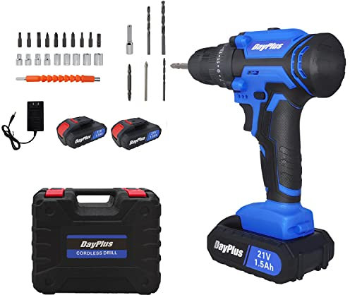 Taladro Atornillador 21V, Taladro Percutor a Bateria con 2 x 1.5Ah Li-i Baterías, 45N.m Par Máx Destornillador Inalámbrico, 2 velocidades Taladro Batería/Destornillador Eléctrico, con Caja de plástico
