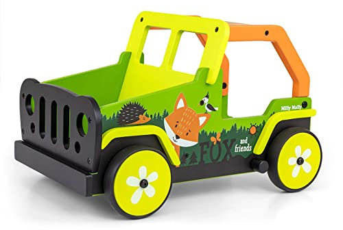 Milly Mally Explorer Kinder Lauflernwagen Holz Baby Push Pull Lauflernhilfe Spielzeug für 1-3 Jahre Laufwagen Fox and Friends Baby Walker