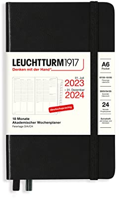 LEUCHTTURM1917 367558 Akademischer Wochenplaner Pocket (A6) 2024, 18 Monate, Schwarz, Deutsch