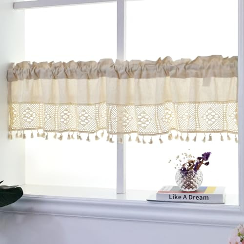 choicehot Häkelgardinen Kurzgardinen Leinen 45cm Hoch - Bistrogardine Landhausstil Scheibengardinen mit Quasten Durchbrochene Gardinen für Küche 45x150cm