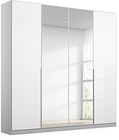 Rauch Möbel Alabama, Schrank, Farbe Hochglanz Weiß/Seidengrau, Breite 181cm | Kleiderschrank, 4-türig, mit Spiegel, Zubehör Basic, für Schlafzimmer, Kinderzimmer, Homeoffice, Garderobe, Flur