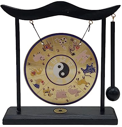 Baoblaze Gong Ornament Brass Wind Gongs, Desktop Gong Feng Shui Wind Chimes Small Crafts Chinese Copper Gong with Stand for Table Home Decor Art, E