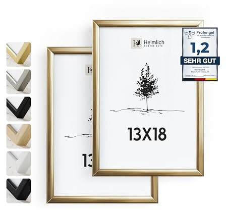 Heimlich Fotorahmen aus Aluminium – 13 x 18 cm, Gold, 2er-Pack | Heimlich® – Robuste Mittelgroße Bilderrahmen Aus Metall – Wandhalterung Oder Tischaufsteller
