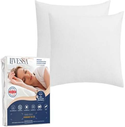 LIVESSA Wasserdichter Kissenbezug 80x80 cm (2er Pack) - Kissenschoner mit Reißverschluss, Pillow Protector, Anti-Milben, Oeko-Tex Zertifiziert, Atmungsaktiv, 100% Baumwolle Oberfläche