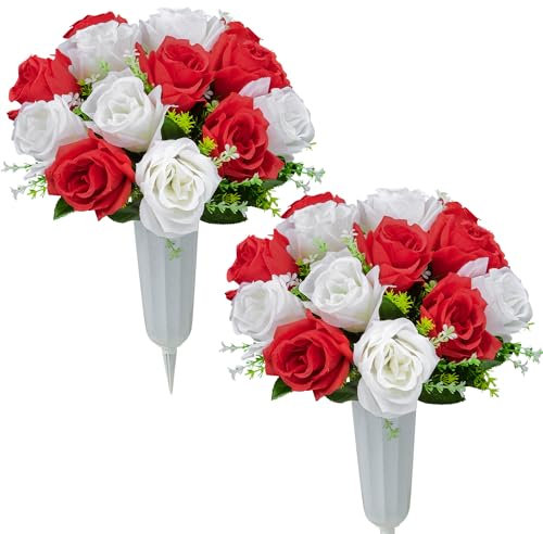 AOFOX Artificial Cemetery Flowers with Vases, Memorial 4 Pcs Red&White Silk Flowers Rose Bouquets for Graveyard Cemetery Flower Garden Decoration