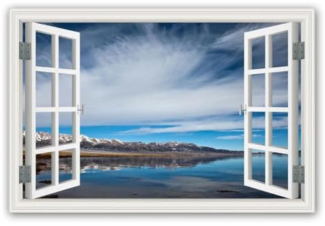 NHLDZYH Leinwandbild Mit Fensterblick. Landschaftsmalerei, offenes Fenster, Leinwand-Wandkunst. Landschaftskunstwerk für Schlafzimmerdekoration. (Seeblick aus dem Fenster A-50) 50x75cm Nur Leinwand