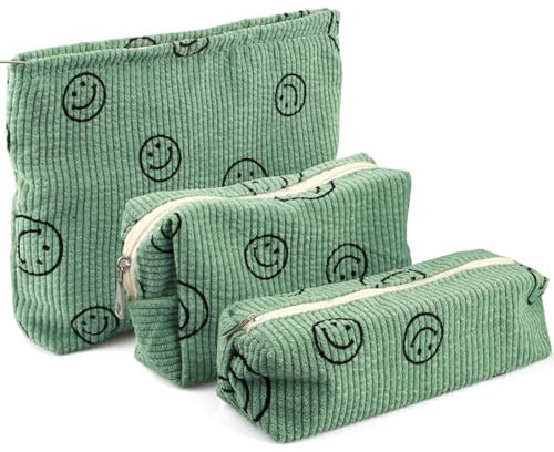 3 Stück Kulturtasche Kosmetiktasche, Smile Muster Multifunktionaler Reisen Kulturtasche für Damen Mädchen, Kordsamt-Kosmetiktasche mit Lächeln-Gesicht, Portable Aesthetic Bag Kulturbeutel (Grün)