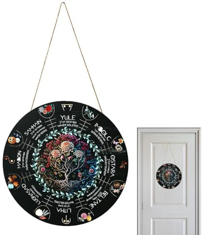 Årets hjul träskylt, 30 cm (11,8 tum) årets hjul häxkalender, Wicca dörrskylt väggdekoration, hednisk häxa skylt himmelsk skylt Yule altare för