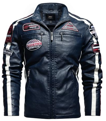 Motorrad Vintage Reitjacke, Motorrad Jacke Herren Leder Wasserdicht Motorradjacken für Herren mit Reißverschlusstaschen Geeignet für Alle Jahreszeiten (Blau,XL)