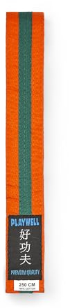 Playwell Ceinture d'arts martiaux en coton coloré avec différentes bandes de couleur – (karaté, judo taekwondo), Ceinture orange avec rayures vertes, 220cm