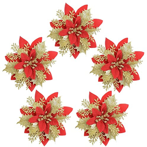 dvnFWKc Decorate Artificial Flowers, 5 stücke Weihnachtsstern Hohl Glitter Blume Weihnachten Baum Ornament Dekorative Blume for Home Party(Red and Gold)