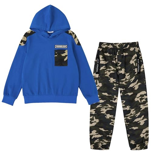 LOLANTA 2PCS Tuta da Ginnastica per Bambini Felpa per Ragazzi Top con Cappuccio e Pantaloni da Cargo Mimetici, Blu, 12-13 anni, 170