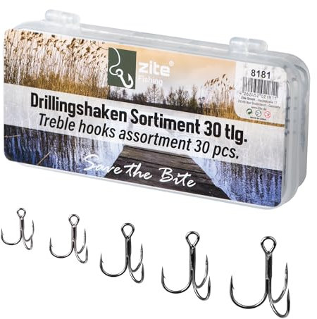 Zite Fishing Qualitäts-Drillingshaken Set 30 Stück | Drillinge Angelhaken Sortiment in Box | High Carbon Steel & Scharfe Spitzen | Angeln Haken Größe 2, 4, 6, 8 & 10