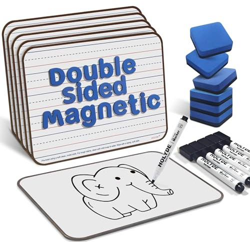 Dry Erase Boards 6 Pack, Double Sided Magnetic Small Whiteboards with Lines for Kids, Students, Teacher & Classroom Pack, Including 52 Pcs Alphabet Letters for Preschool Spelling
