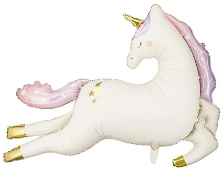 Fliegende Folienballon Einhorn 113x83cm Beige mit Gold und Regenbogen Elementen