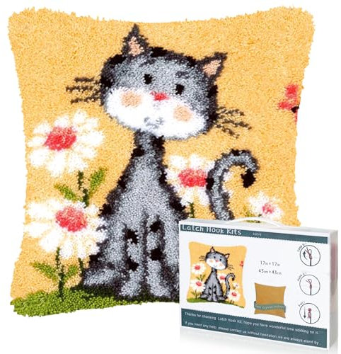 EsLuker.ly Cat Pattern Latch Hook Pillow Kits for Adults Beginners, Animal Pre-Printed Canvas Yarn Pillow Hooking Kits, DIY Crochet Cushion Creative Craft, Ideal for Home Decor and Fun Crafting
