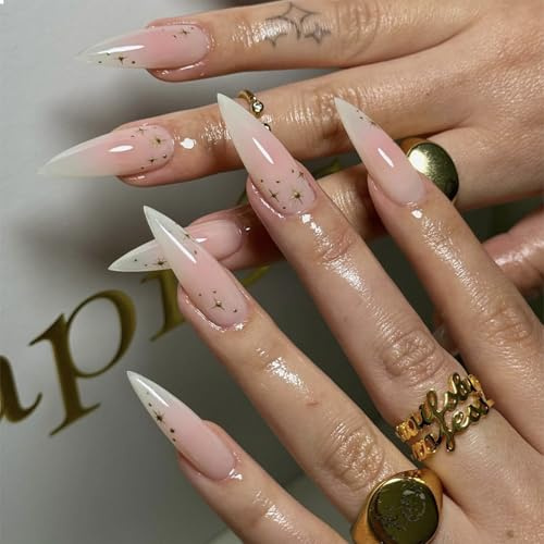 GlamRays Press on Nails Lange Stiletto Falsche Nägel Glanzvoll Kleben Nägel Scharfe Mandel Acrylnägel Rosa Ombre Künstliche Nägel Bling Stern Aufkleber Falsche Nägel