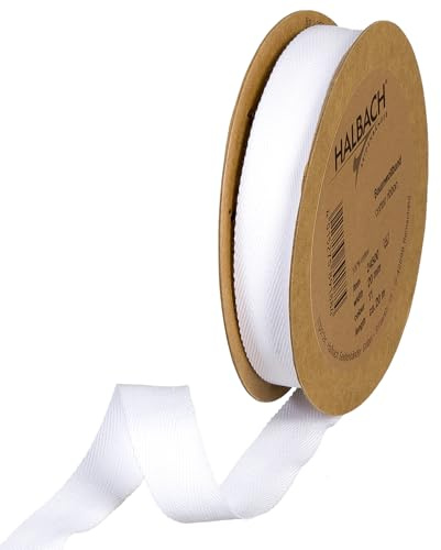 Halbach Sidenband bomullsband | 20 mm x 20 m | vävband 100% bomull | Band för pyssel som metervara | tygband för dekorationer, gör-det-själv-hantverk, snedband sömnadsarbeten, färg: vit