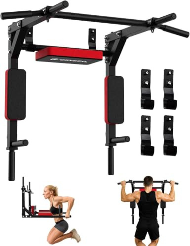 CRYSTAL FIT Multifunctional Wall Mounted Pull Up Bar, Chin Up Bar and Dip Station, Heavy Duty Steel Supports to 440 Lbs, Home Gym Workout Indoor Power Tower Set Training Equipment Fitness