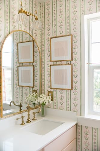 RollsRolla Green Stripe Peel and Stick Wallpaper Featuring Pink Floral, Vintage Farmhouse Inspired Renter Friendly Wallpaper, Cute and Whimsical Style for Girls Room, Bathroom, Laundry Room