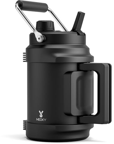 64 oz Insulated Water Bottle for Gym: Meoky Triple Wall Vacuum Stainless Steel Half Gallon Water Jug - Top and Side Handles, 2-in-1 Straw and Spout Lid, Cold for 36 Hrs, Leak Proof for Camping (Night)