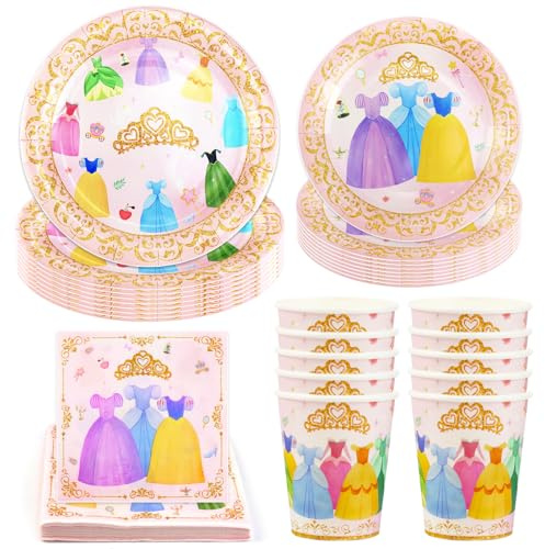 Hmfmdy Ensemble de Vaisselle de Fête Princesse, 50Pcs Décoration Fête, Vaisselle D'anniversaire Enfants avec Assiettes, Gobelets Serviettes Papier, Fournitures de Table pour Anniversaire 10 invités