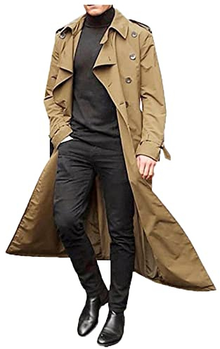 2025 - Herren Winter Schlanker Stilvoller Trenchcoat Zweireihig Langarm Solide Lange Jacke mit Gürtel für die Arbeit den Urlaub Mantel Herren Lammfell (Khaki, XL)