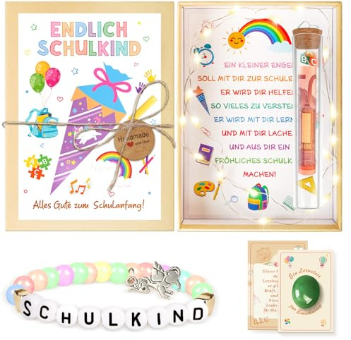 TUZELIYA Einschulung Geschenk Mädchen Jungen Schultüte Füllung - Einschulung Geschenkbox mit Armband Lernstein Grußkarte LED Lichterkette für Schulkind 2025 - Schulanfang Glücksbringer Geldgeschenk