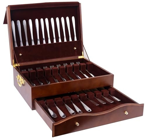 Silverware Storage Box,2 Layers Wooden Silverware Chest with Drawer,Silverware Case with Handle and Felt Lined,15.35 x 11.41 Flatware and Utensil Organizer for Kitchen,Black(Flatware Not Included)