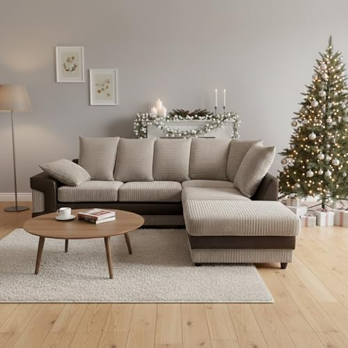 Furniture 786 L Shaped Seated Sofas - Cozy Jumbo Cord Fabric Couches - Sectional 4 Seater Corner Settee - Right Hand Scatterback Sofa with Removeable Footstool for Indoors Living Room (Brown & Beige)