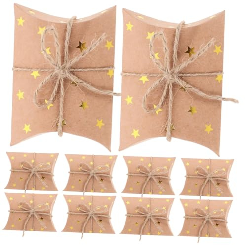 Veemoon Kraftpapier Geschenkbox Kleine Kissenschachteln mit Goldenen Sternen und Schnur Vintage Verpackung für Hochzeit Süßigkeiten Party Geschenke Versandboxen Klein