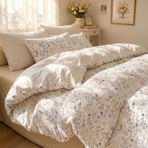 Covebett Housse de Couette 240x260cm Fleurie Marron Floral Réversible Rayé Parure de lit Adulte 2 Personnes Feuilles en Microfibre Linge de lit avec Fermeture Éclair et 2 Taie d'oreiller 65x65cm