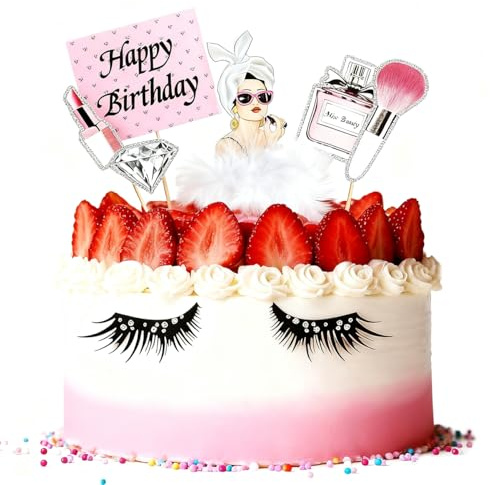 ToVii Makeup Cake Topper 8 Pcs,Mode Lipstick Perfume Eyelash Diamond Brush Cosmetic Lady Cupcake Toppers, Happy Birthday Decoration for Birthday Girl Women Makeup Salon Spa Party Supplies
