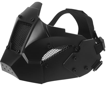 minkissy Masque Demi-visage pour Adultes Casque Ninja Futuriste Noir Demi-masque Gothique pour Halloween avec Base Mécanique de Présentation