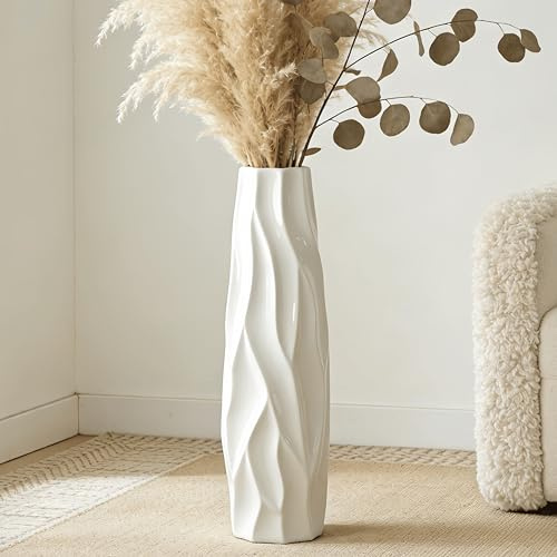 Duoqulou Große Weiße Keramikvase, 60 cm, Dekorative Bodenvase für Wohnzimmer, Büro und Schlafzimmer, Stilvolle Blumenvase für Pampasgras